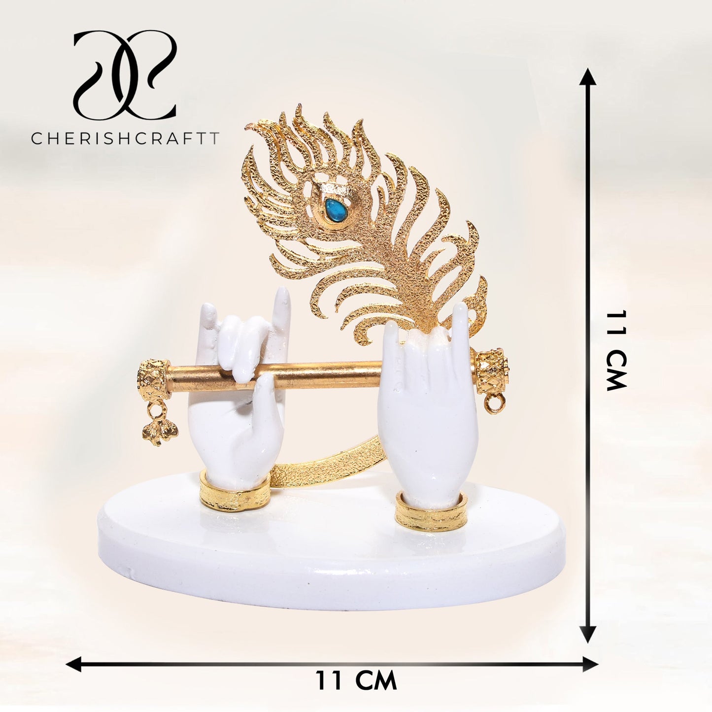 CHERISHCRAFTT Gold Plated Krishna Ji Hand with Flute Figurine | 24K Gold Plated Lord Krishna Hand with White Resin Base | Classical Decorative Piece for Home Décor, Wedding & Corporate Gifting