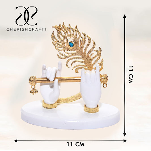 CHERISHCRAFTT Gold Plated Krishna Ji Hand with Flute Figurine | 24K Gold Plated Lord Krishna Hand with White Resin Base | Classical Decorative Piece for Home Décor, Wedding & Corporate Gifting
